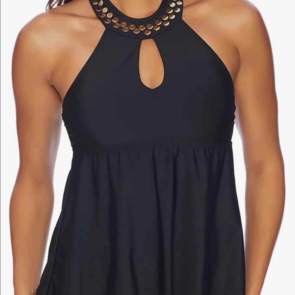 NWT Athena Hey There Stud Fly-Away High Neck Tankini Top Size 6 Black Gold Studs